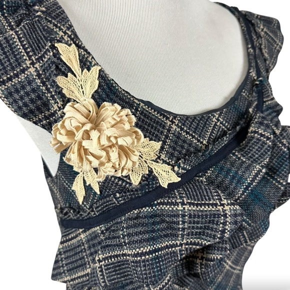 Anthropologie Floreat Tartan Plaid Wool Retro 50s Ruffle Floral Dress 2 Punk - Picture 7 of 15